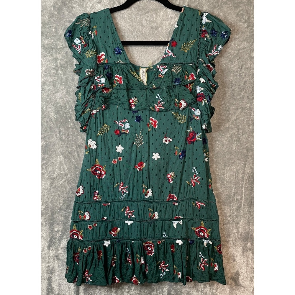 Aratta Silent Journey Mini Dress Size 2XS‎ Green Floral Embroidered Sequins Boho